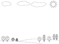太陽と雲と木々の白黒上下フレーム飾り枠イラスト