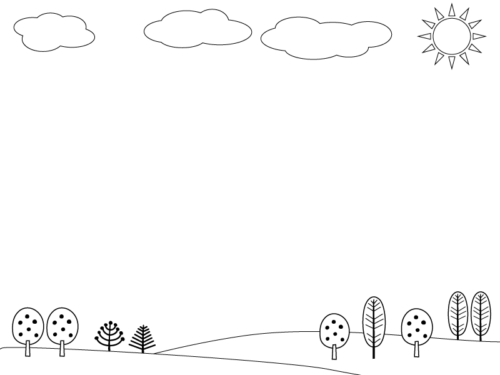 太陽と雲と木々の白黒上下フレーム飾り枠イラスト
