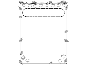 柿と落ち葉ときのこの見出し付き白黒縦長フレーム飾り枠イラスト