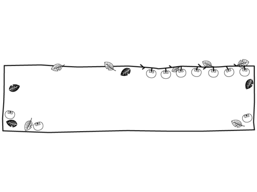 柿と枝と落ち葉の横長白黒フレーム飾り枠イラスト