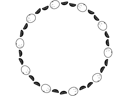 みかんと房の白黒円形フレーム飾り枠イラスト