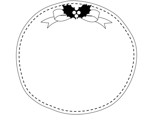 柊リボンの白黒円形クリスマスフレーム飾り枠イラスト