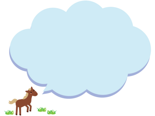 茶色い馬と水色のもこもこ吹き出しフレーム飾り枠イラスト