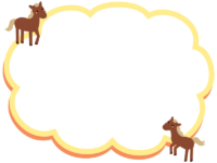 二頭の茶色い馬と黄色もこもこフレーム飾り枠イラスト