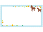 二頭の茶色い馬と花の水色ドット柄横長フレーム飾り枠イラスト