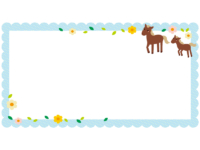 二頭の茶色い馬と花の水色ドット柄横長フレーム飾り枠イラスト