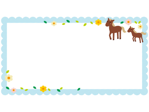 二頭の茶色い馬と花の水色ドット柄横長フレーム飾り枠イラスト