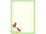 二頭の茶色い馬と花の黄緑色ドット縦長フレーム飾り枠イラスト