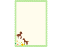 二頭の茶色い馬と花の黄緑色ドット縦長フレーム飾り枠イラスト