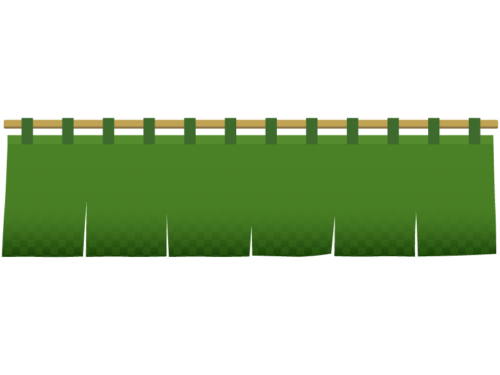 抹茶色の和柄暖簾（のれん）の横長フレーム飾り枠イラスト