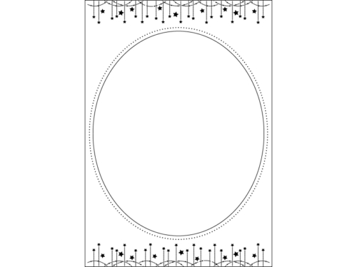 上下の星の飾りの楕円形縦長白黒フレーム飾り枠イラスト