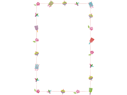 正月遊びと赤色点線の縦長囲みフレーム飾り枠イラスト