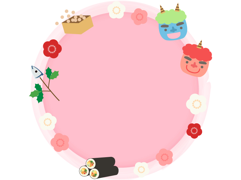 赤鬼青鬼と柊鰯や恵方巻の円形節分フレーム飾り枠イラスト | 無料