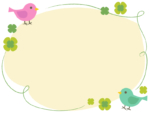 ピンクと緑の小鳥とクローバーの手書き風黄色フレーム飾り枠イラスト
