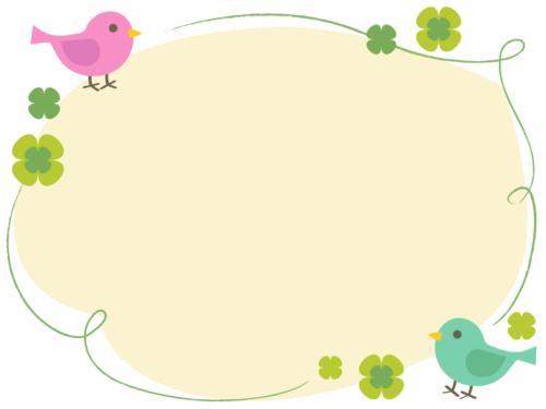 ピンクと緑の小鳥とクローバーの手書き風黄色フレーム飾り枠イラスト