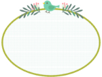 緑色の小鳥と植物の格子柄楕円形フレーム飾り枠イラスト