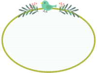 緑色の小鳥と植物の格子柄楕円形フレーム飾り枠イラスト