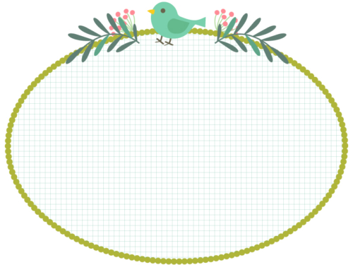 緑色の小鳥と植物の格子柄楕円形フレーム飾り枠イラスト
