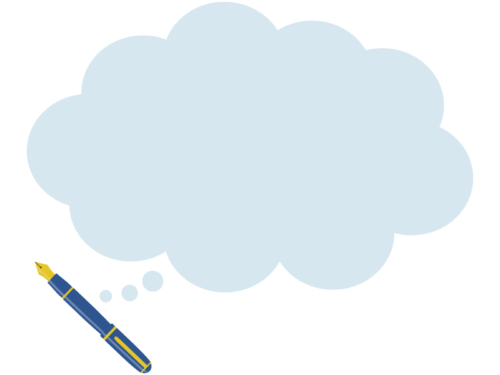 青い万年筆の水色もこもこ吹き出しフレーム飾り枠イラスト