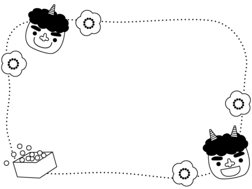 赤鬼青鬼と豆まきの手書き風白黒点線フレーム飾り枠イラスト