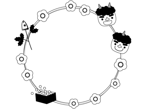 赤鬼青鬼と柊鰯の白黒円形節分フレーム飾り枠イラスト