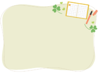 開いた手帳やペンやクローバーの手書き風フレーム飾り枠イラスト