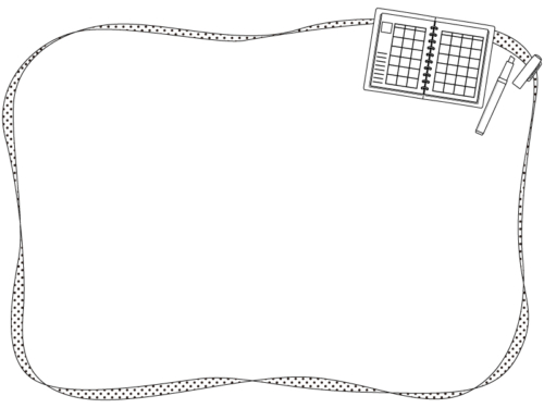 開いた手帳やペンの白黒手書き風曲線のフレーム飾り枠イラスト