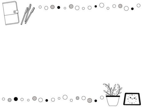 手帳や時計と大小の丸の白黒上下フレーム飾り枠イラスト