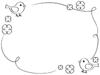 二羽の小鳥とクローバーの白黒手書き風フレーム飾り枠イラスト