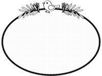 小鳥と植物の白黒格子柄楕円形フレーム飾り枠イラスト